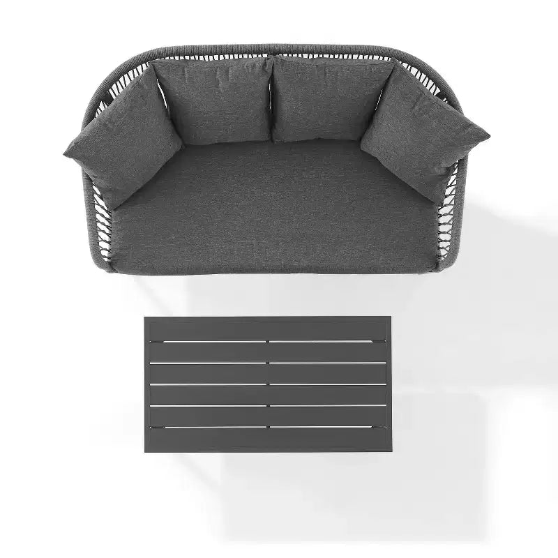 Ensemble de conversation extérieur Dover 2 pièces en corde avec causeuse et table basse - Charbon/Noir mat - Crosley : Cadre en acier, résistant aux UV