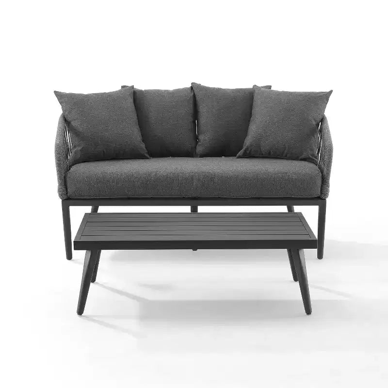 Ensemble de conversation extérieur Dover 2 pièces en corde avec causeuse et table basse - Charbon/Noir mat - Crosley : Cadre en acier, résistant aux UV