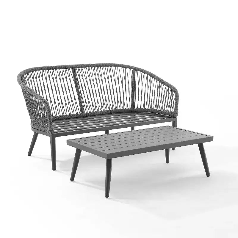Ensemble de conversation extérieur Dover 2 pièces en corde avec causeuse et table basse - Charbon/Noir mat - Crosley : Cadre en acier, résistant aux UV
