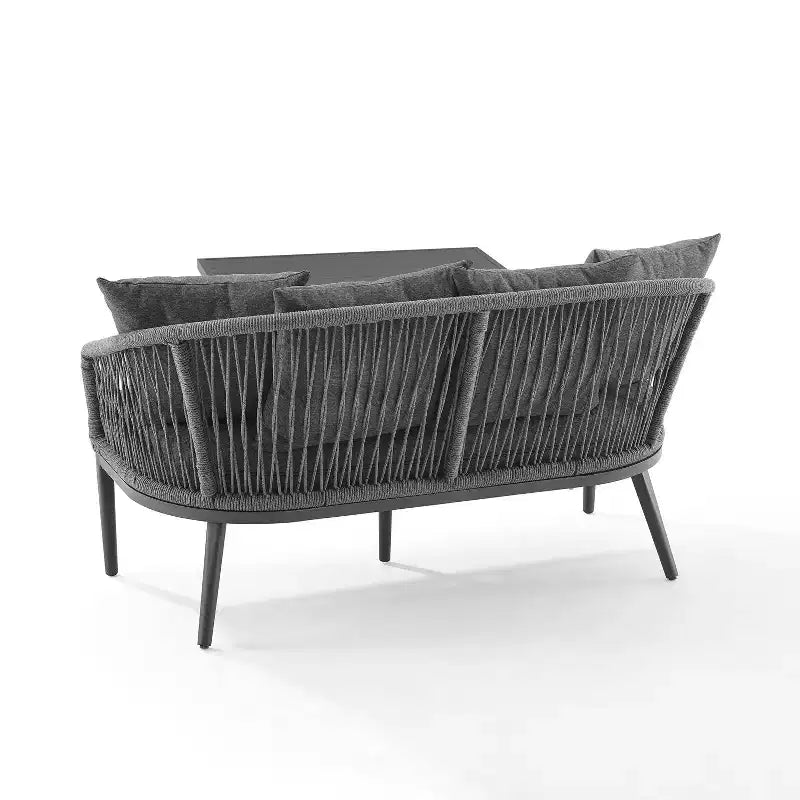 Ensemble de conversation extérieur Dover 2 pièces en corde avec causeuse et table basse - Charbon/Noir mat - Crosley : Cadre en acier, résistant aux UV