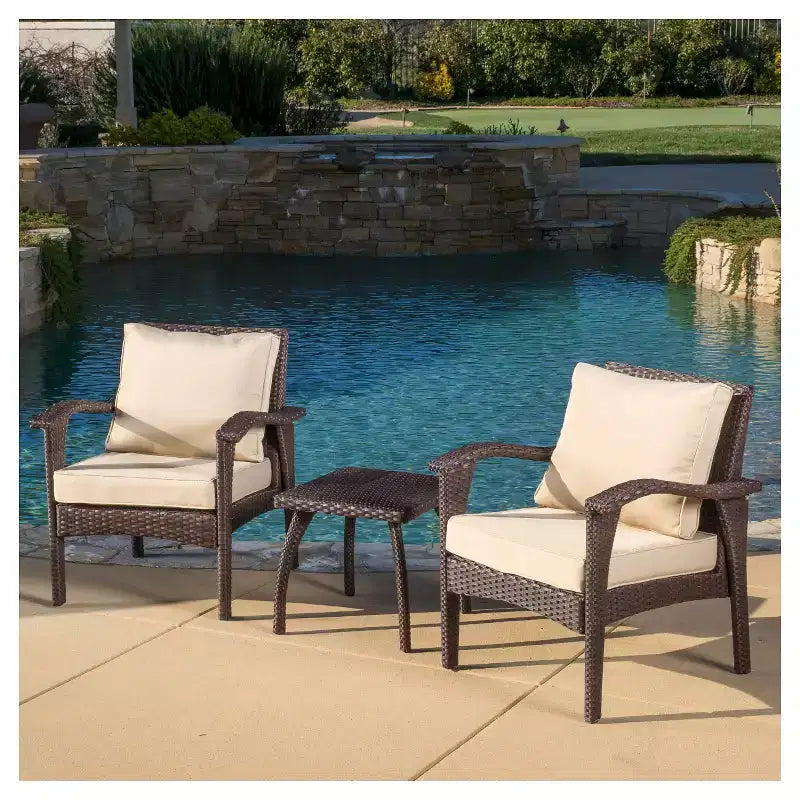 Ensemble de conversation Honolulu 3 pièces pour patio en osier avec coussins – Marron – Christopher Knight Home