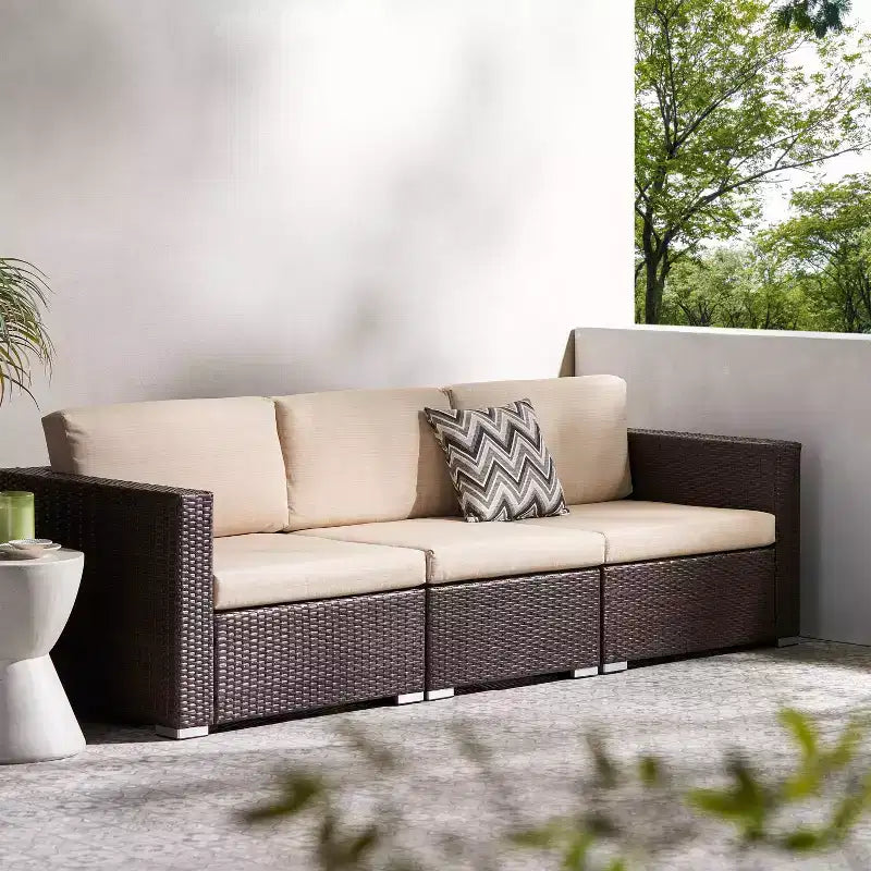 Christopher Knight Home Canapé d'angle d'extérieur 3 pièces en osier Santa Rosa marron/beige