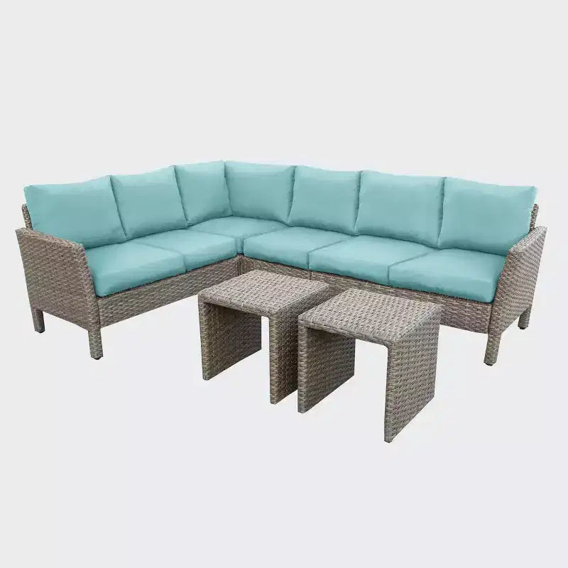 Leisure Made Canton 6pc Wicker Sectional in Spa Blue Fabric