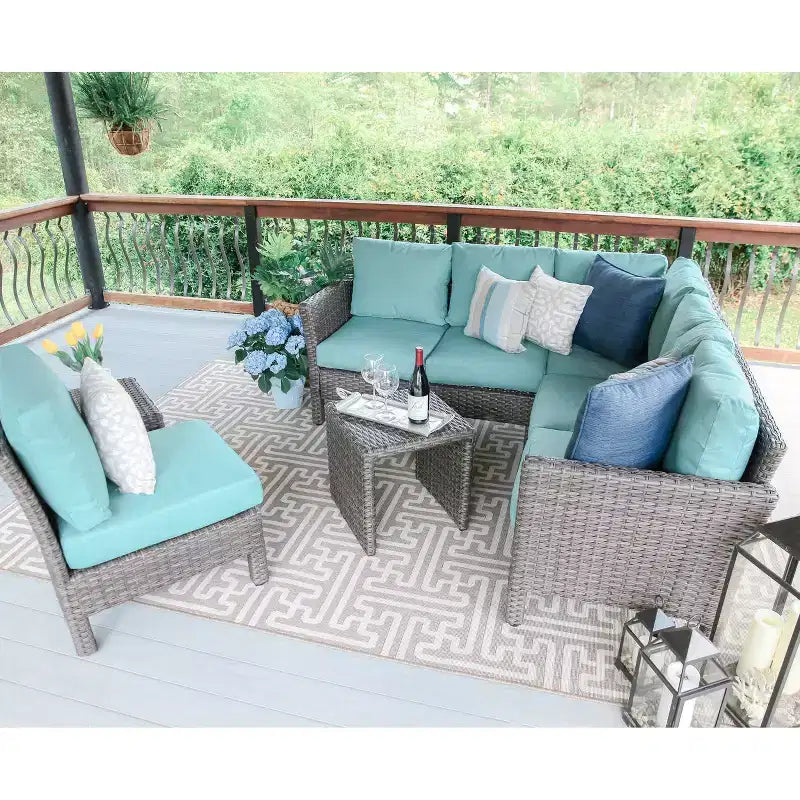 Sectionnel en osier 6 pièces Canton de Leisure Made en tissu bleu spa