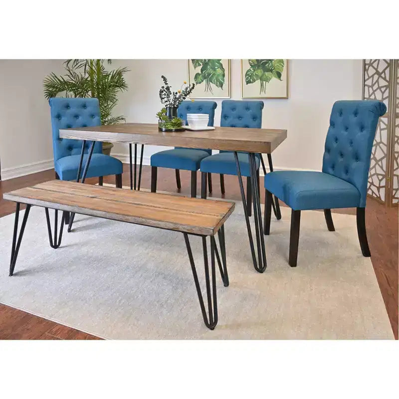 Ensemble de salle à manger 6 pièces Ashford, table à manger avec pieds épingle à cheveux, 4 chaises et banc, 4 options de couleur