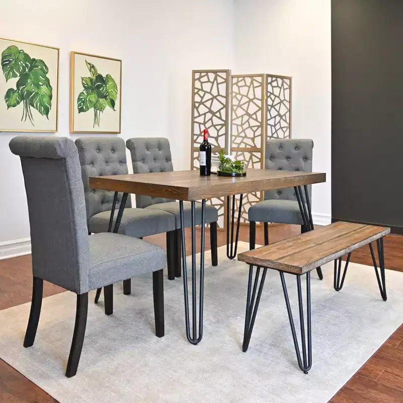 Ensemble de salle à manger 6 pièces Ashford, table à manger avec pieds épingle à cheveux, 4 chaises et banc, 4 options de couleur