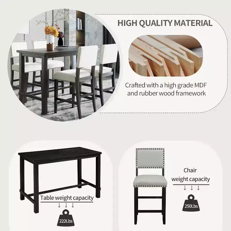 Ensemble de salle à manger 5 pièces Whisen hauteur comptoir avec table élégante classique et 4 chaises