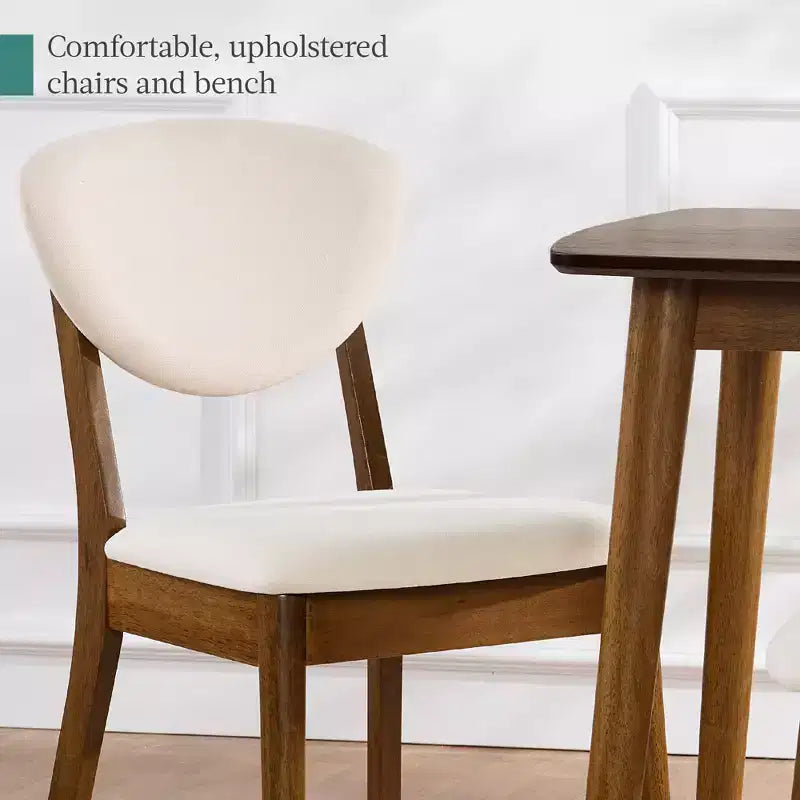 Ensemble de salle à manger moderne du milieu du siècle Best Choice Products, 4 pièces, rembourré, en bois, avec 2 chaises et un banc - Noyer/Crème