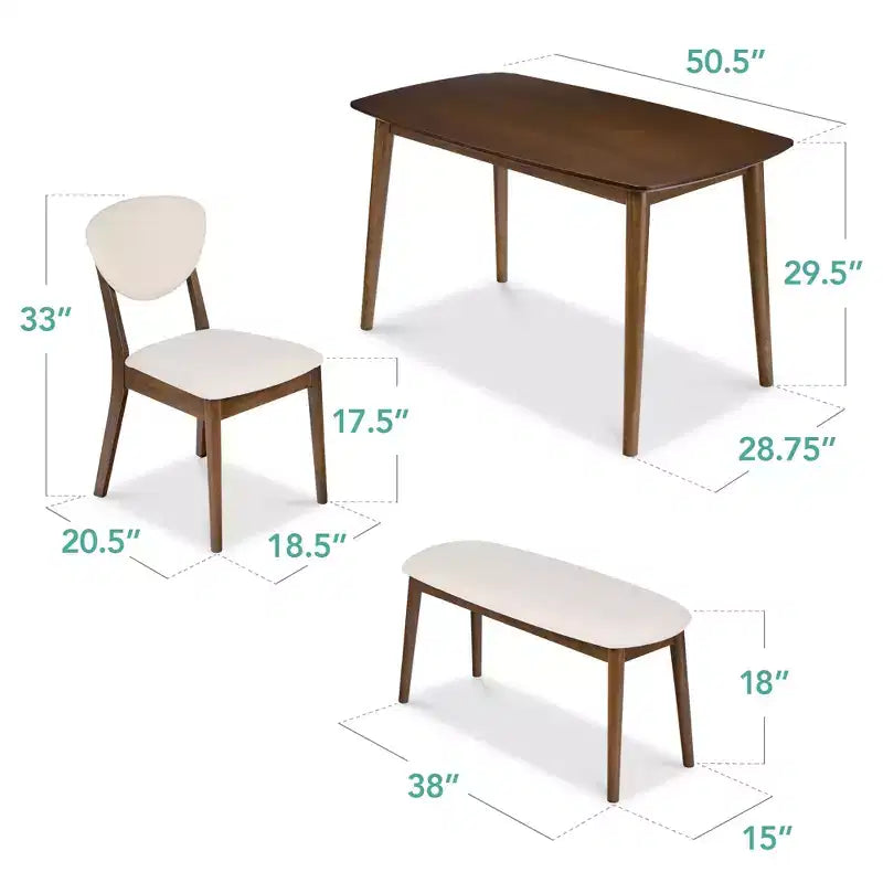 Ensemble de salle à manger moderne du milieu du siècle Best Choice Products, 4 pièces, rembourré, en bois, avec 2 chaises et un banc - Noyer/Crème