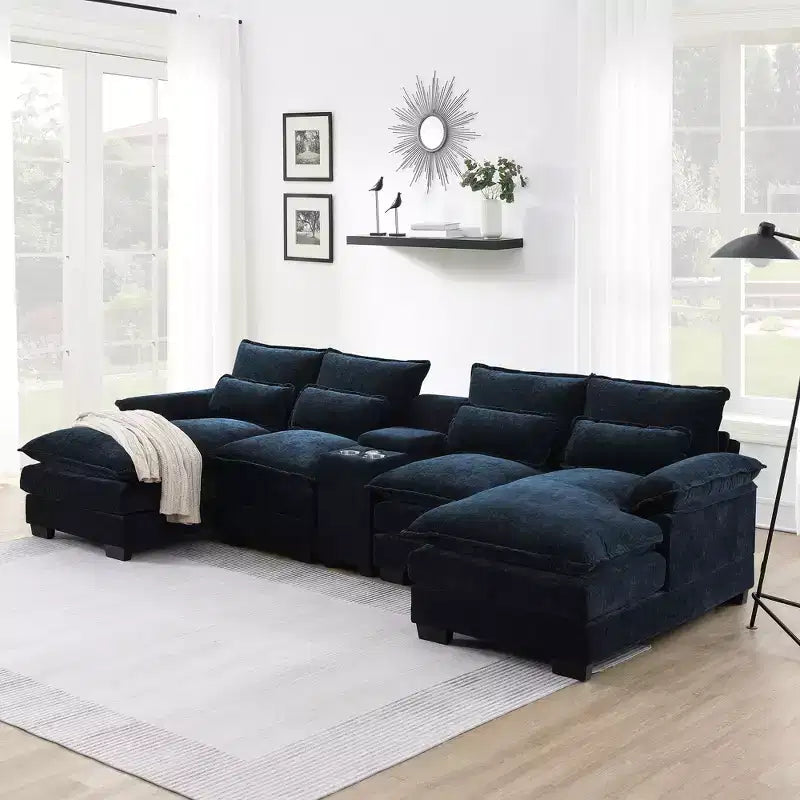 123W Modern U-Shaped Sofa with Console, Cup holders and USB Ports, 6-seat Upholstered Couch Set with Chaise - ModernLuxe