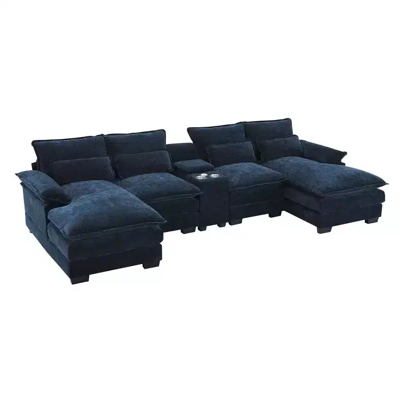 Canapé d'angle moderne 123W en forme de U avec console, porte-gobelets et ports USB, ensemble de canapés rembourrés à 6 places avec méridienne - ModernLuxe