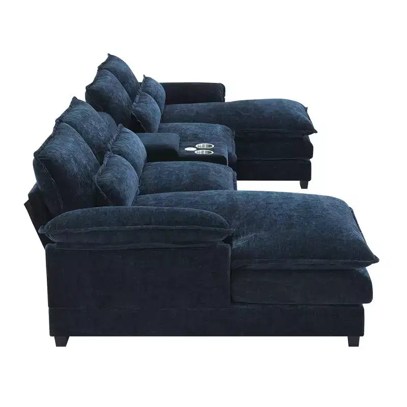 Canapé d'angle moderne 123W en forme de U avec console, porte-gobelets et ports USB, ensemble de canapés rembourrés à 6 places avec méridienne - ModernLuxe