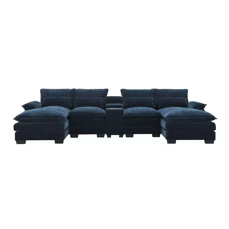 Canapé d'angle moderne 123W en forme de U avec console, porte-gobelets et ports USB, ensemble de canapés rembourrés à 6 places avec méridienne - ModernLuxe