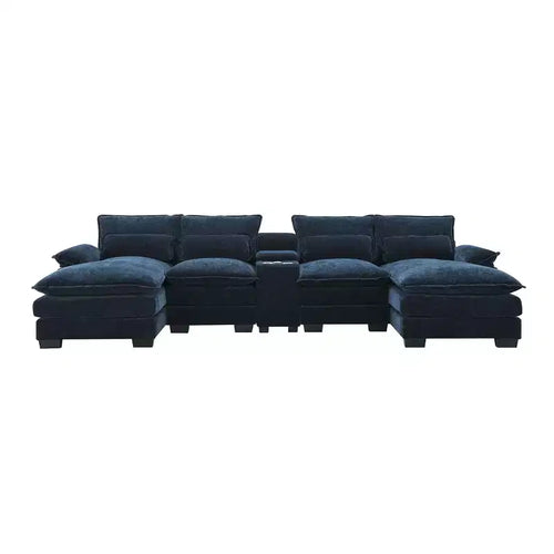 Canapé d'angle moderne 123W en forme de U avec console, porte-gobelets et ports USB, ensemble de canapés rembourrés à 6 places avec méridienne - ModernLuxe