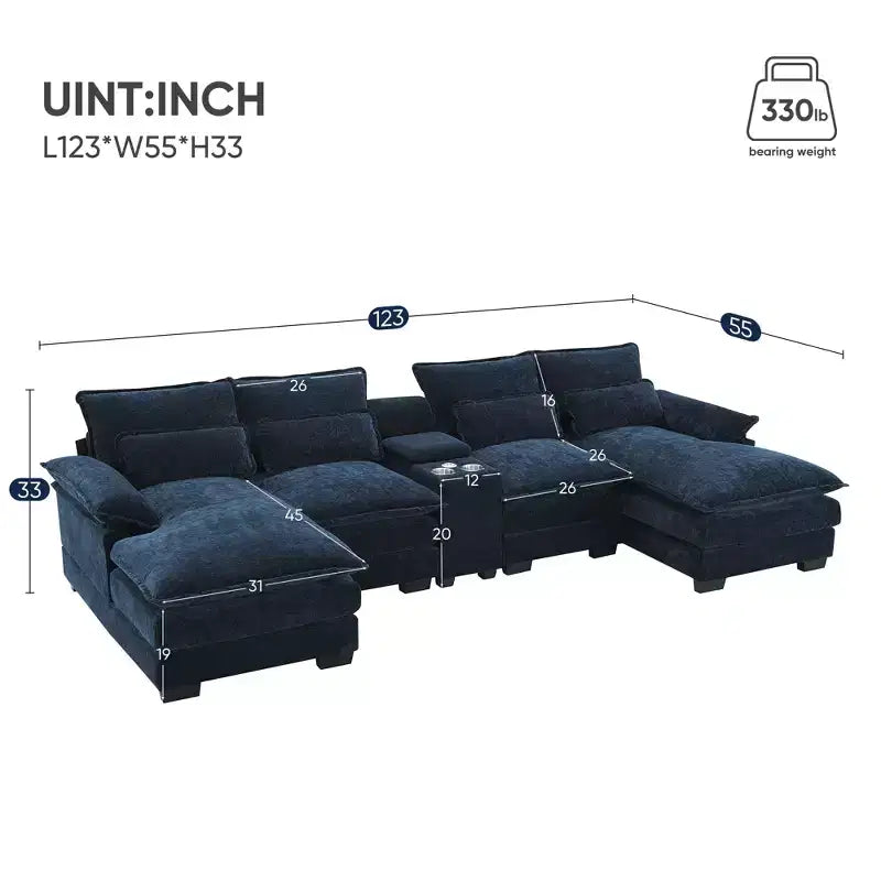 Canapé d'angle moderne 123W en forme de U avec console, porte-gobelets et ports USB, ensemble de canapés rembourrés à 6 places avec méridienne - ModernLuxe