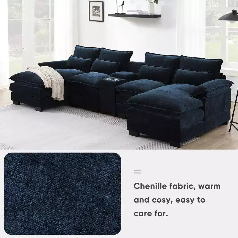 Canapé d'angle moderne 123W en forme de U avec console, porte-gobelets et ports USB, ensemble de canapés rembourrés à 6 places avec méridienne - ModernLuxe