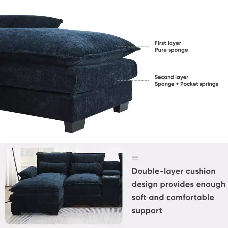 Canapé d'angle moderne 123W en forme de U avec console, porte-gobelets et ports USB, ensemble de canapés rembourrés à 6 places avec méridienne - ModernLuxe