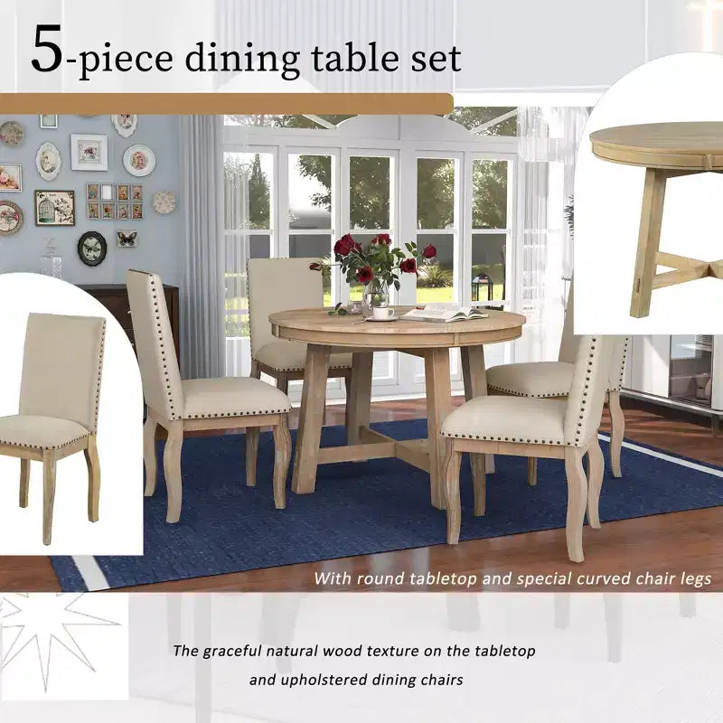 Ensemble de salle à manger de ferme 5 pièces Whisen avec table à manger extensible et 4 chaises de salle à manger rembourrées