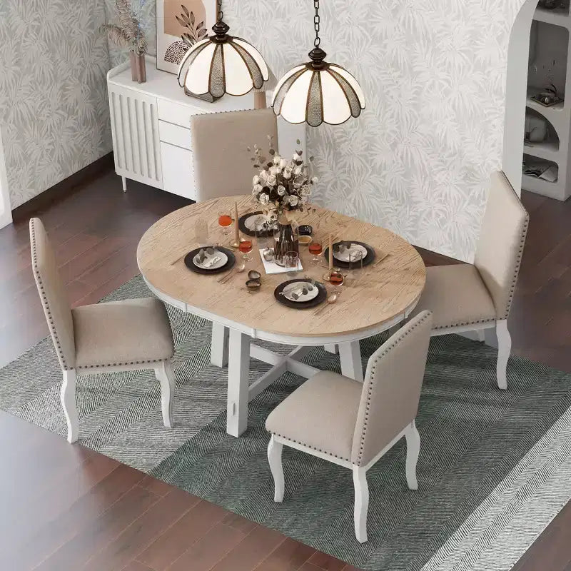 Ensemble de salle à manger de ferme 5 pièces Whisen avec table à manger extensible et 4 chaises de salle à manger rembourrées