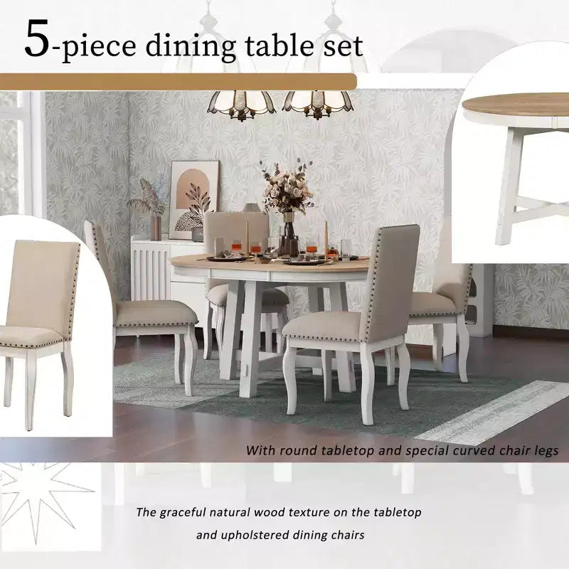 Ensemble de salle à manger de ferme 5 pièces Whisen avec table à manger extensible et 4 chaises de salle à manger rembourrées