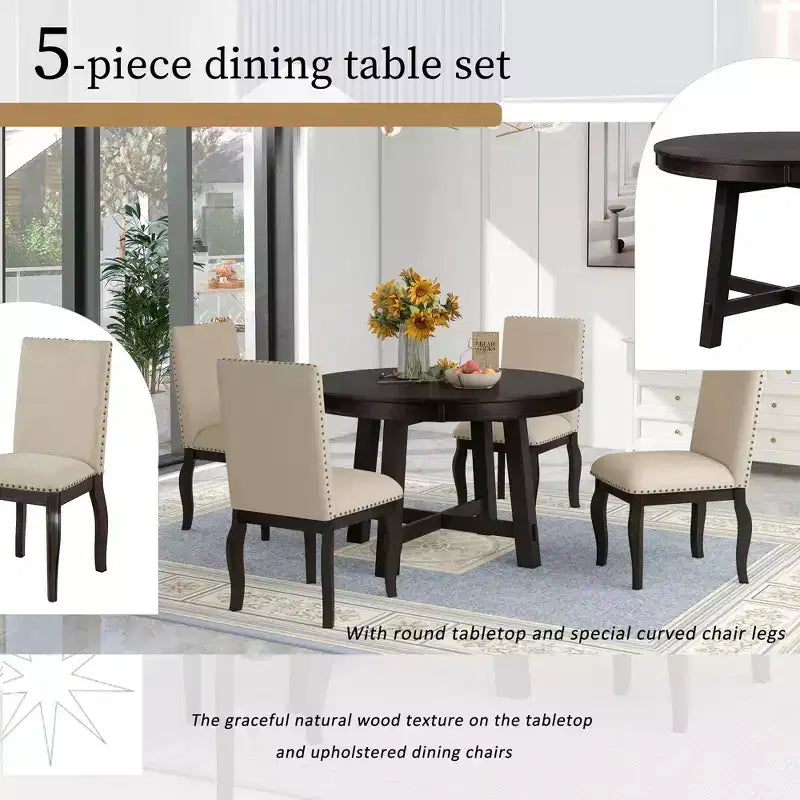 Ensemble de salle à manger de ferme 5 pièces Whisen avec table à manger extensible et 4 chaises de salle à manger rembourrées