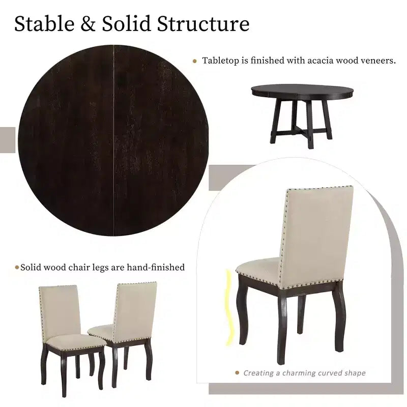 Ensemble de salle à manger de ferme 5 pièces Whisen avec table à manger extensible et 4 chaises de salle à manger rembourrées