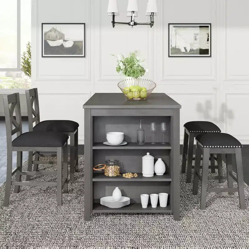 Whisen Farmhouse 5-Pieces Counter Height Dining Set with 2 Stools and 2 Chairs