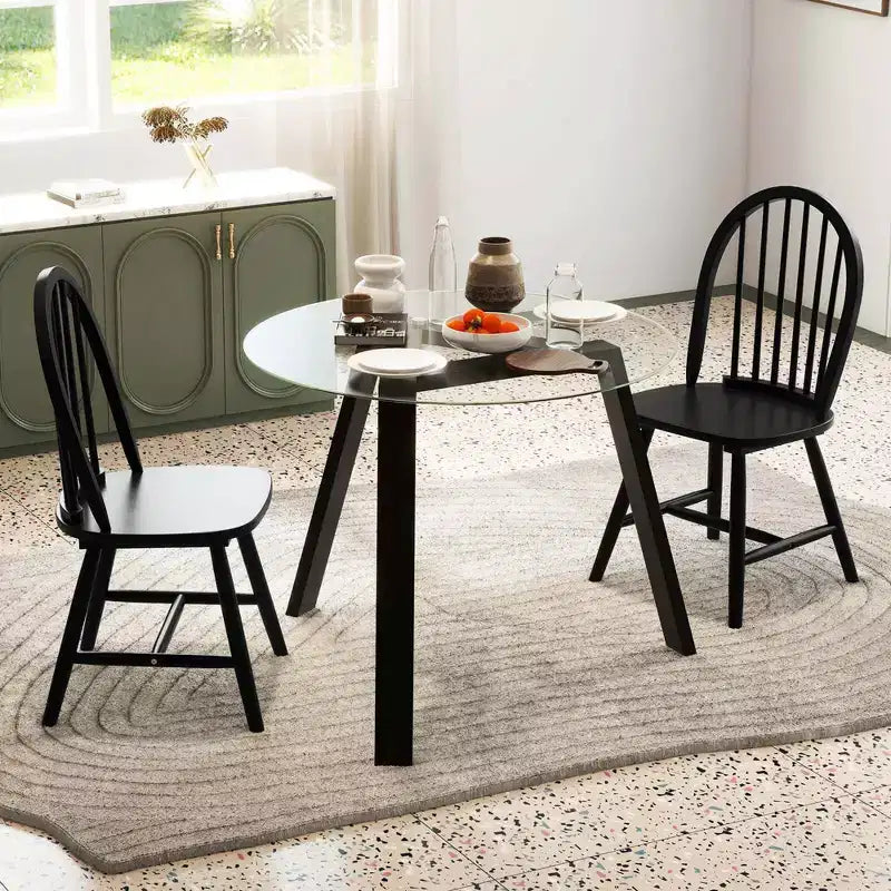 Ensemble de salle à manger 3 pièces Costway pour 2, table ronde avec 2 chaises, cadre en bois d'hévéa massif, moderne Noir/Beige