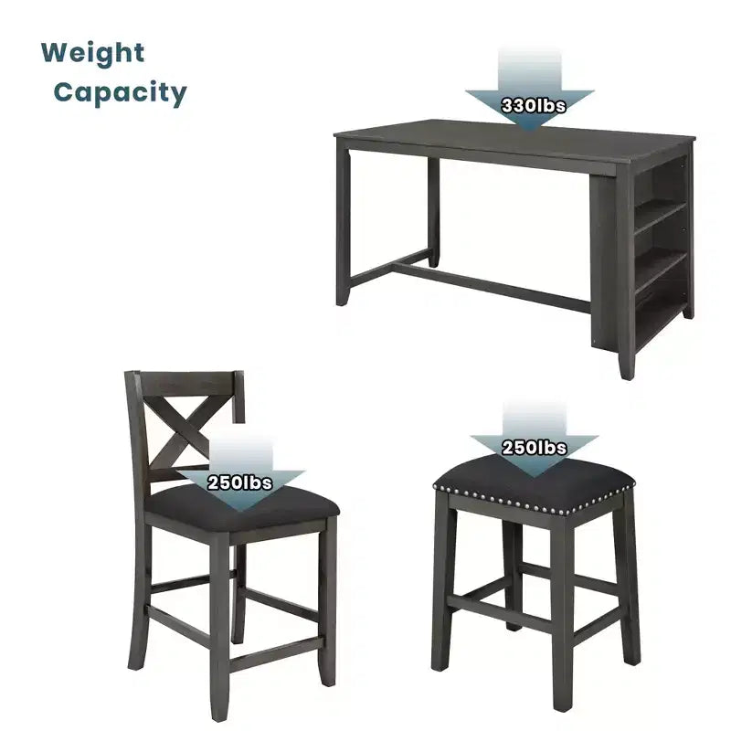 Ensemble de salle à manger 5 pièces rustique de style ferme, ensemble de salle à manger avec table de salle à manger de hauteur comptoir/bar, 2 chaises de salle à manger et 2 tabourets, Gris/Blanc-ModernLuxe