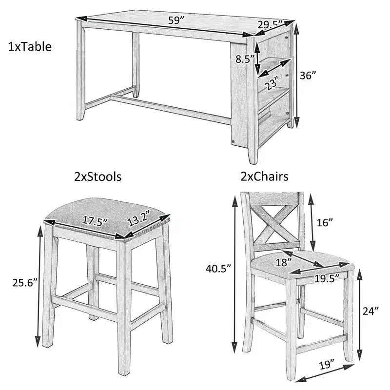 Ensemble de salle à manger 5 pièces rustique de style ferme, ensemble de salle à manger avec table de salle à manger de hauteur comptoir/bar, 2 chaises de salle à manger et 2 tabourets, Gris/Blanc-ModernLuxe