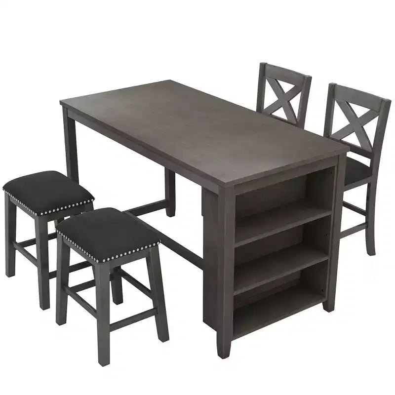 Ensemble de salle à manger 5 pièces rustique de style ferme, ensemble de salle à manger avec table de salle à manger de hauteur comptoir/bar, 2 chaises de salle à manger et 2 tabourets, Gris/Blanc-ModernLuxe