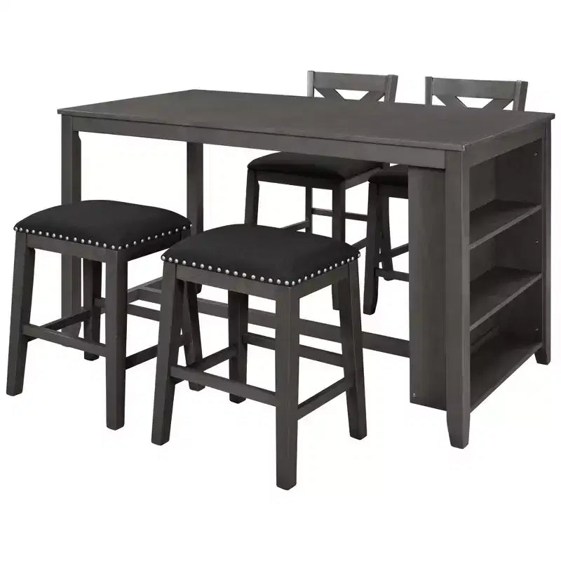Ensemble de salle à manger 5 pièces rustique de style ferme, ensemble de salle à manger avec table de salle à manger de hauteur comptoir/bar, 2 chaises de salle à manger et 2 tabourets, Gris/Blanc-ModernLuxe