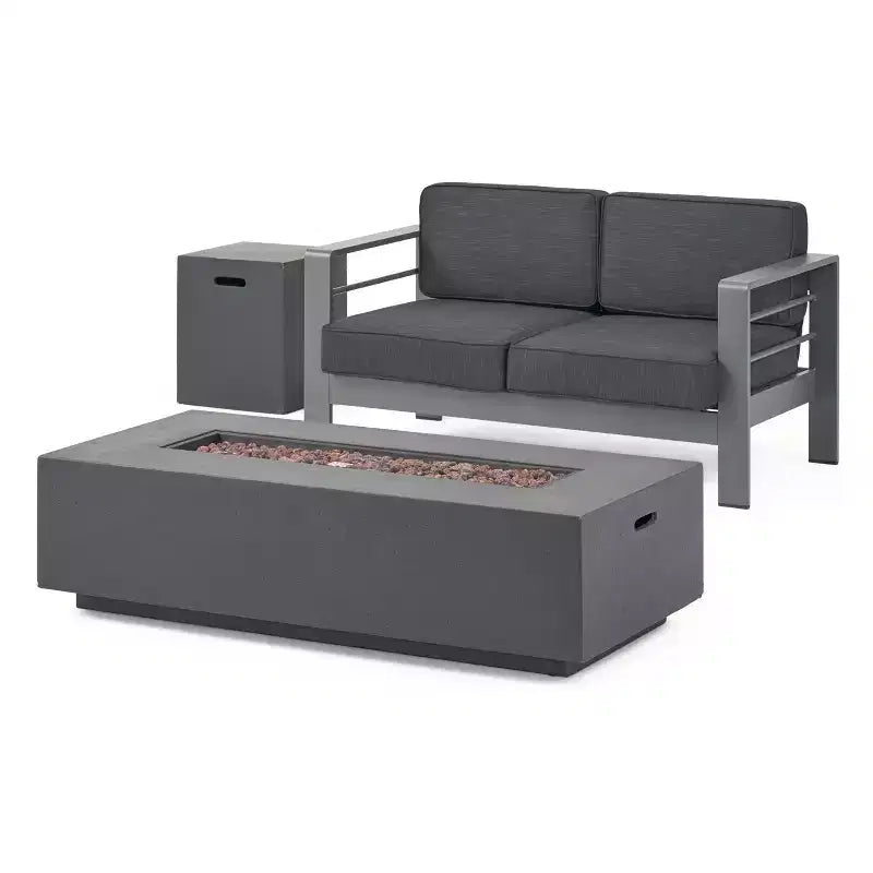 GDFStudio Crested Bay Outdoor Aluminum Loveseat and Fire Pit Set