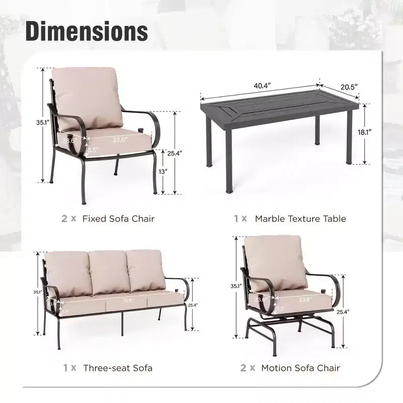 Captiva Designs Ensemble de conversation d'extérieur 6 pièces en métal extra large avec chaises à dossier basculant et table basse