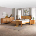 Baxton Studio Jenn Golden Brown Wood Japandi 5-Piece Queen Size Bedroom Set with Distressed-Finished Rattan