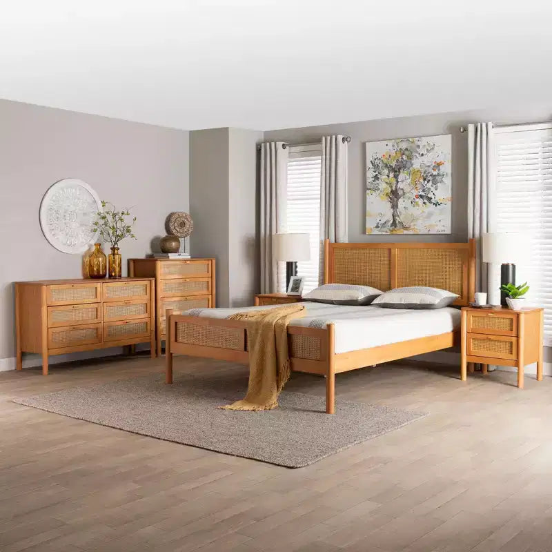 Baxton Studio Jenn Golden Brown Wood Japandi 5-Piece Queen Size Bedroom Set with Distressed-Finished Rattan