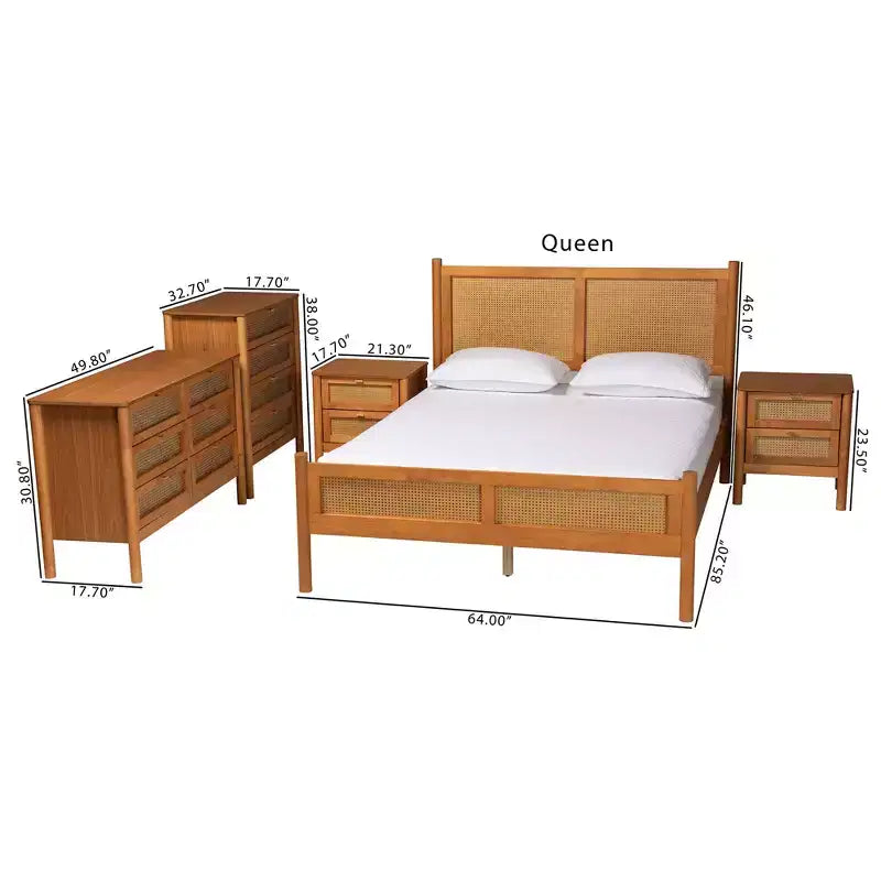 Ensemble de chambre à coucher Japandi 5 pièces Baxton Studio Jenn en bois brun doré, taille grand lit, avec rotin au fini vieilli