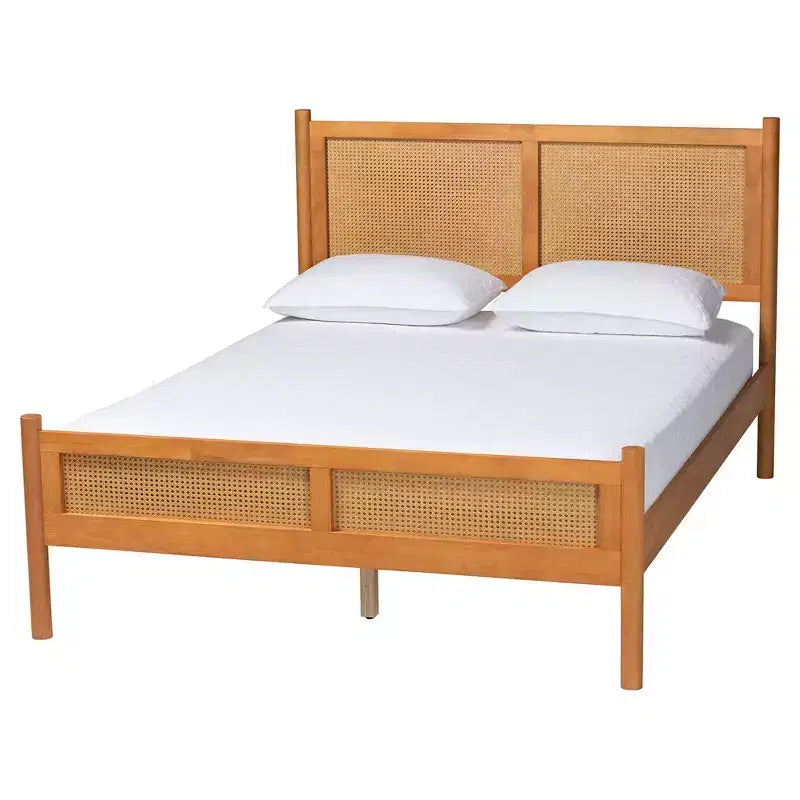 Ensemble de chambre à coucher Japandi 5 pièces Baxton Studio Jenn en bois brun doré, taille grand lit, avec rotin au fini vieilli