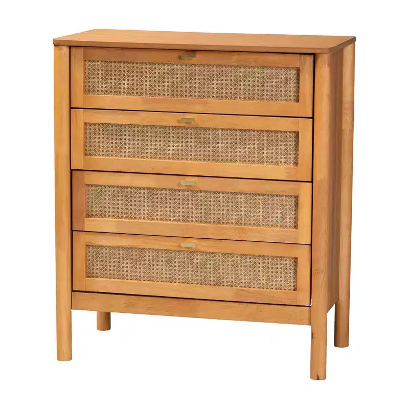 Ensemble de chambre à coucher Japandi 5 pièces Baxton Studio Jenn en bois brun doré, taille grand lit, avec rotin au fini vieilli