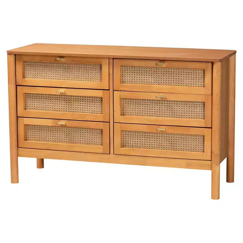 Ensemble de chambre à coucher Japandi 5 pièces Baxton Studio Jenn en bois brun doré, taille grand lit, avec rotin au fini vieilli