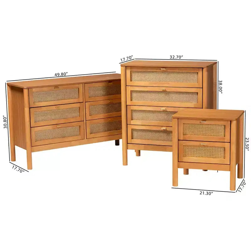 Baxton Studio Jenn, ensemble de rangement 3 pièces, bois marron doré, style Japandi, avec rotin au fini vieilli
