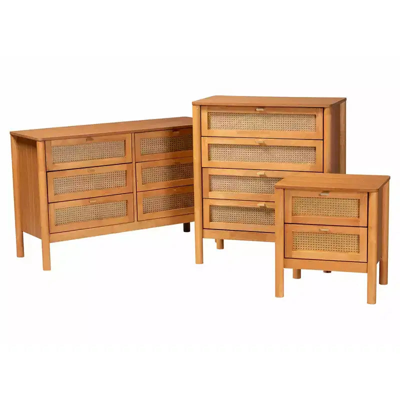Baxton Studio Jenn, ensemble de rangement 3 pièces, bois marron doré, style Japandi, avec rotin au fini vieilli
