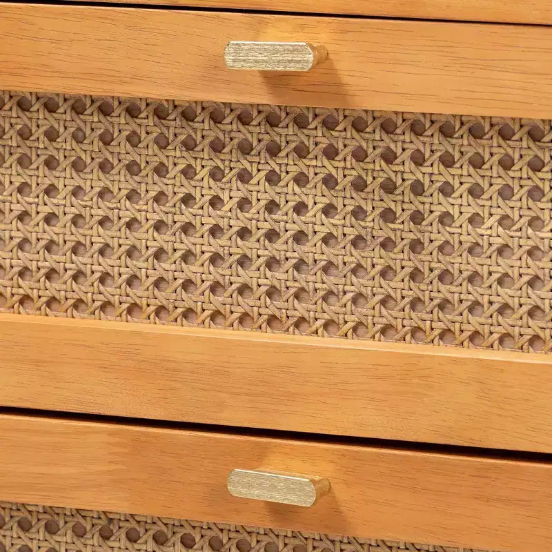 Baxton Studio Jenn, ensemble de rangement 3 pièces, bois marron doré, style Japandi, avec rotin au fini vieilli