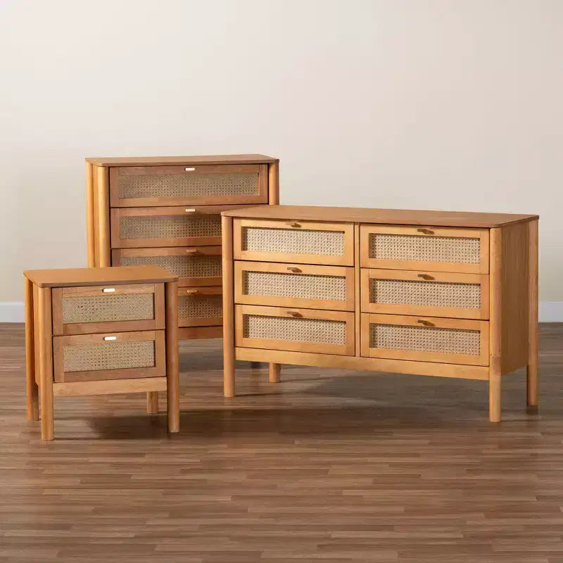 Baxton Studio Jenn, ensemble de rangement 3 pièces, bois marron doré, style Japandi, avec rotin au fini vieilli