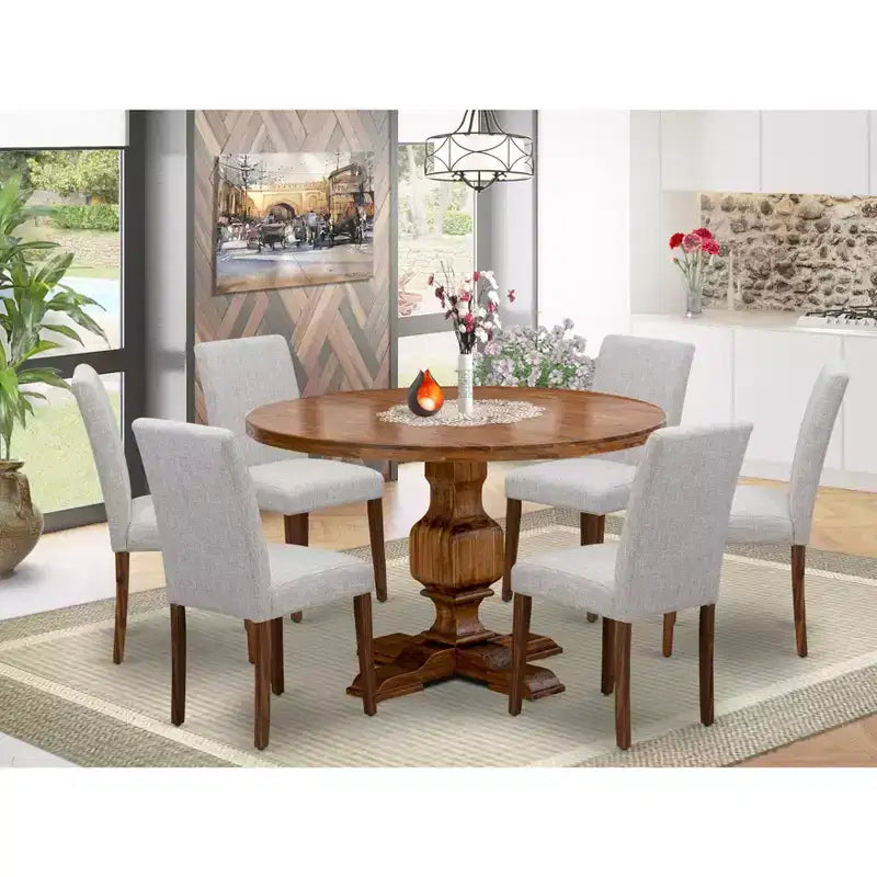 Ensemble de salle à manger 7 pièces HomeStock avec table ronde à pied central en noyer antique et 6 chaises Parson en lin