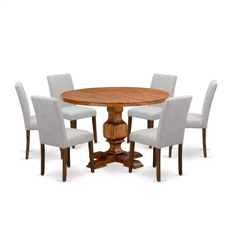 Ensemble de salle à manger 7 pièces HomeStock avec table ronde à pied central en noyer antique et 6 chaises Parson en lin