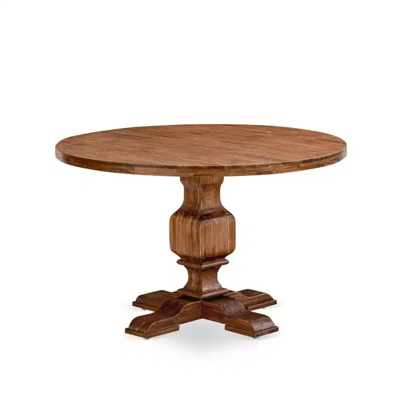 Ensemble de salle à manger 7 pièces HomeStock avec table ronde à pied central en noyer antique et 6 chaises Parson en lin