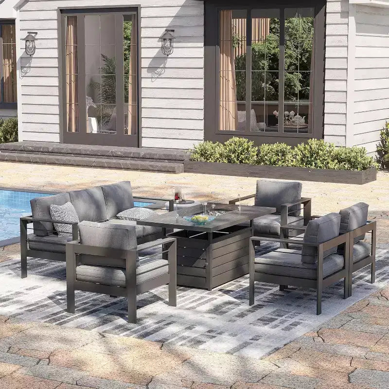 Ensemble de meubles de patio Heynemo en aluminium avec foyer, ensemble de meubles d'extérieur 5 pièces avec coussins pour balcon, véranda et jardin