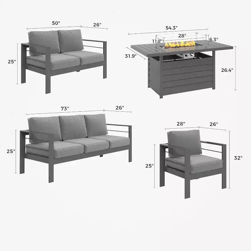 Ensemble de meubles de patio Heynemo en aluminium avec foyer, ensemble de meubles d'extérieur 5 pièces avec coussins pour balcon, véranda et jardin