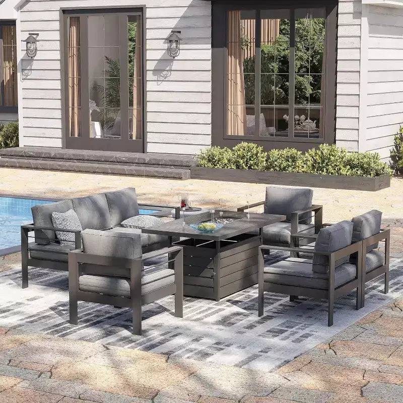 Ensemble de meubles de patio Heynemo en aluminium avec foyer, ensemble de meubles d'extérieur 5 pièces avec coussins pour balcon, véranda et jardin